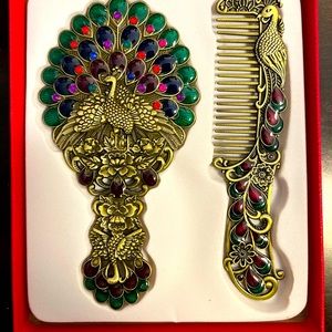 Metal peacock comb and mirror set